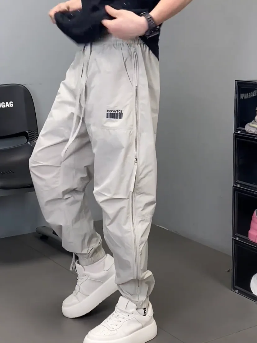 

Модные мужские повседневные брюки на весну-осень с завязками на талии, на молнии, дышащие, прямого свободного кроя, карго