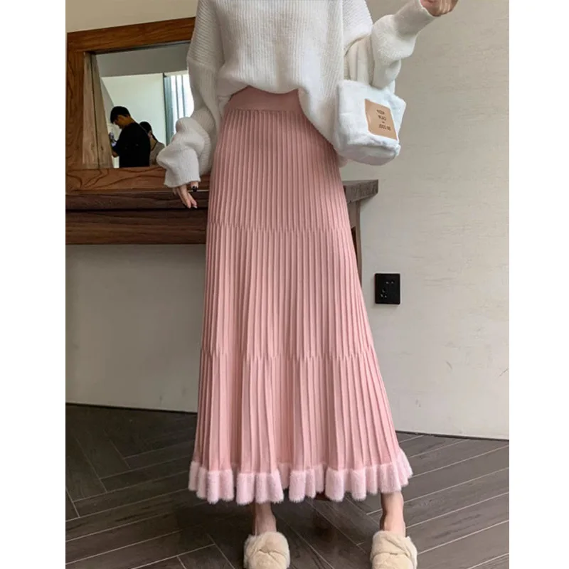 

Knitted Skirt Women's Hip-covering Pink Pleated Skirt High Waist Pendulum Long Skirt 2025 Fashion Spring And Summer New