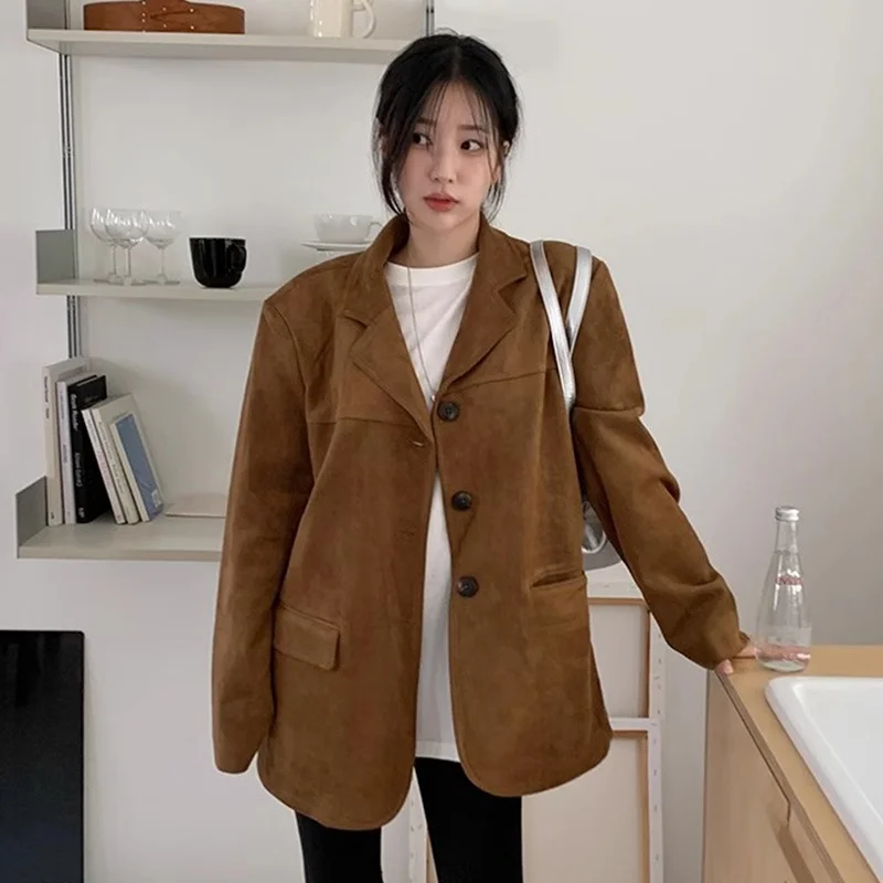 

Chic Autumn Winter Vintage Meara Suede Long Sve Loose Casual Versatile Women's Coat Sli Lapel Outerwear for Ladies