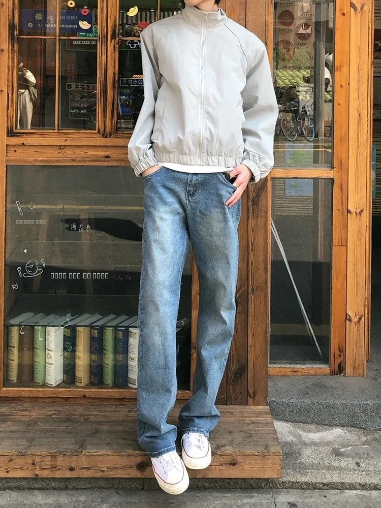 

Светло-голубые мужские джинсы Cleanfi American High Street Slim Fit с прямыми штанинами и расклешенным низом, длинные брюки