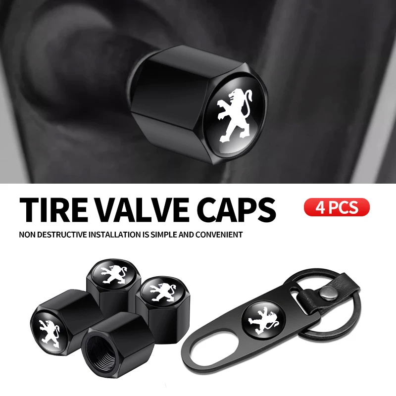Car Wheel Tire Valve Stems Cap With Keychain Keyring Badge For Peugeot 206 307 308 3008 207 208 407 508 2008 5008 107 106