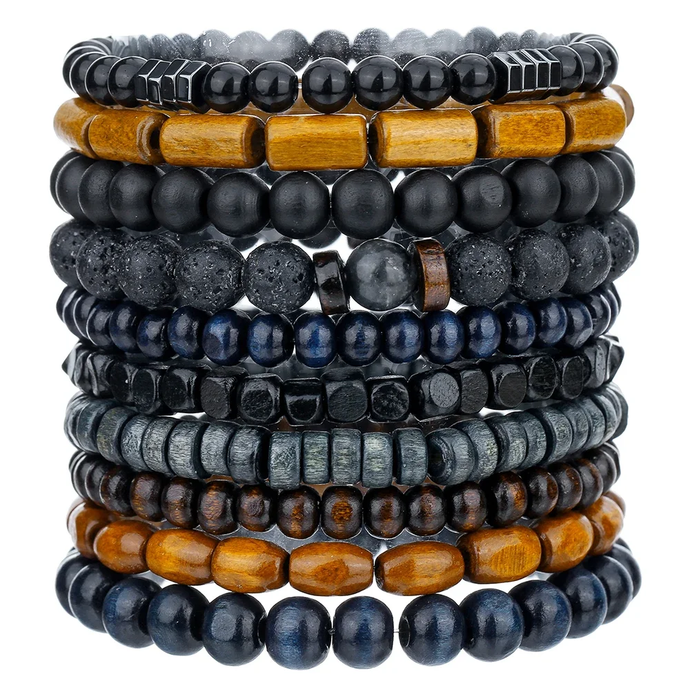 Vintage Wood Beads Coconut Shell Volcanic Stone Handmade Beaded Bracelet 10 Sets Men\\\\\'s Elastic Couple Brazalete Bracelet