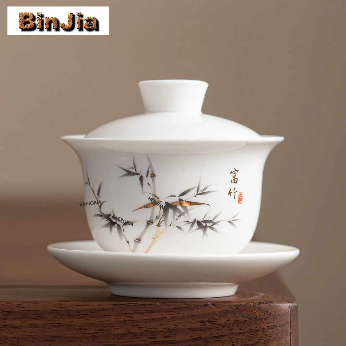 160ml Mutton Fat Jade Ink Bamboo Gaiwan Elegant Tea Tureen Tea Bowl With Lid Kit Tea Maker Cover Bowl Tableware Collection