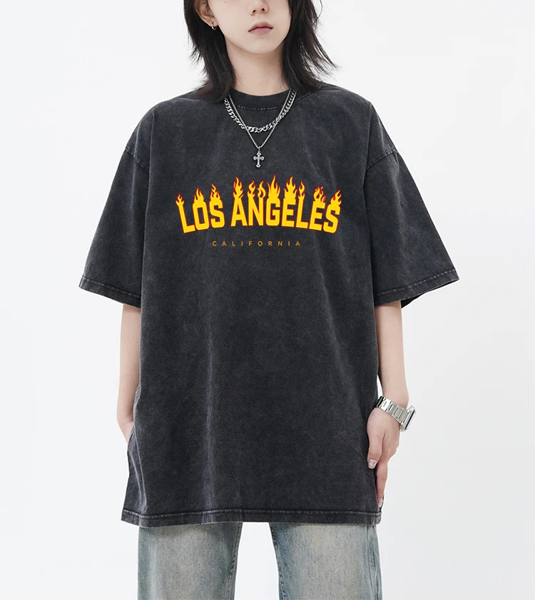 LOS ANGELES Personalized Letter Washed Female T-Shirt Summer O-Neck T Shirts Unisex Cotton Clothing Breathable Short Sleeve