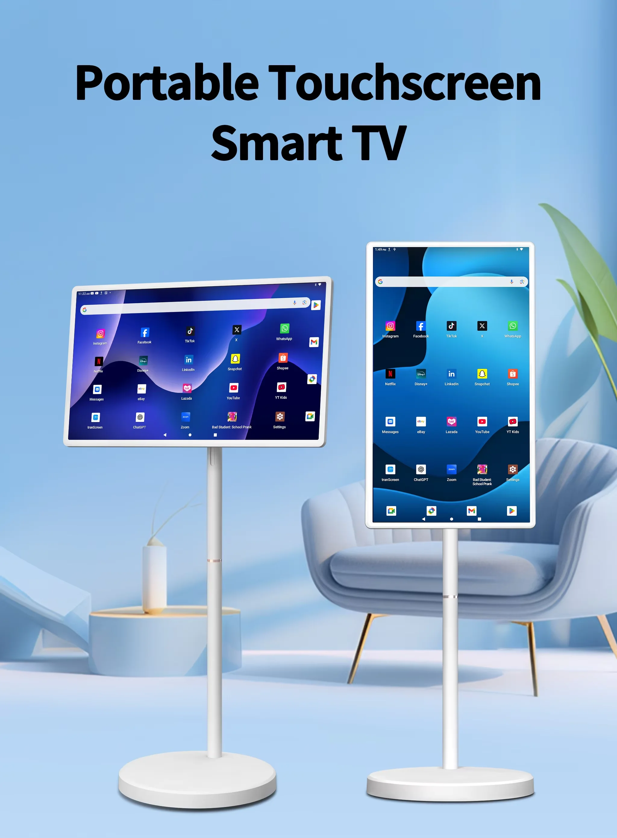 Smart TV, 6G+128G Floor Stand Tablet with Remote Controller 2K Camera Video Call, Inbuilt 148W Battery Power 32 Inch Android 15