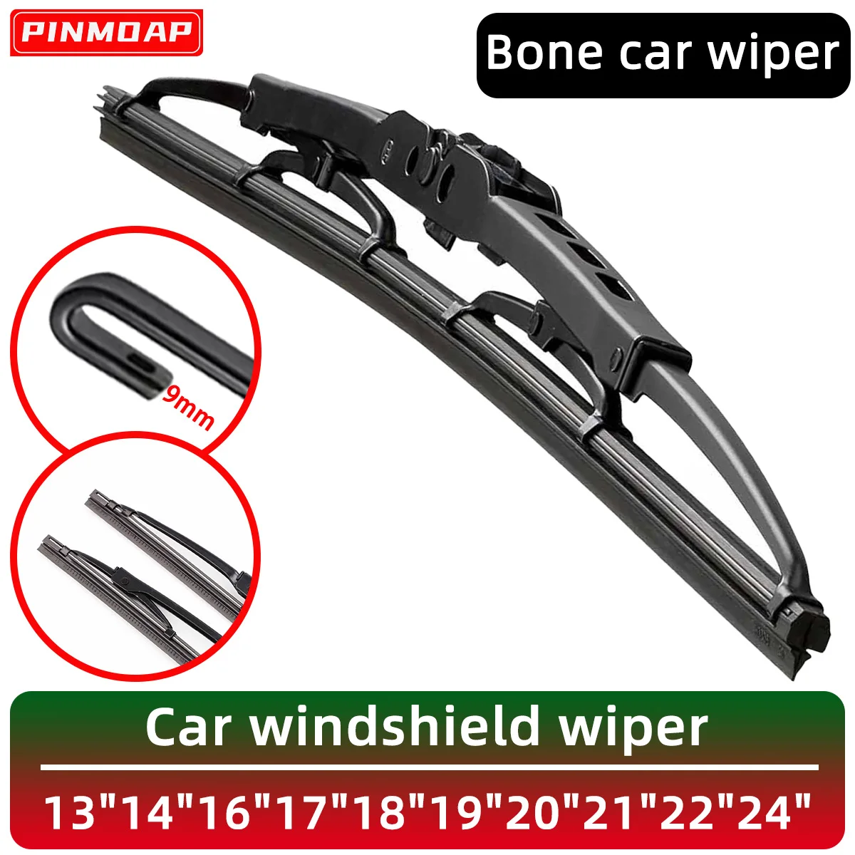 Pinmoap limpador de quadro de ferro para para-brisa de carro universal u/j gancho 9mm limpadores de osso de carro 13 "14" 16 "17" 18 "19" 20 "21" 22 "24" lâmina de limpador de metal