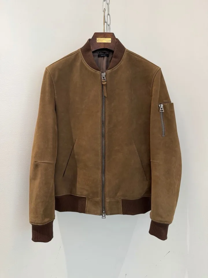 Mens Suede Sheepskin Leather Jacket Vintage Stand Collar Zipper Casual Coat Soft Touch Durable