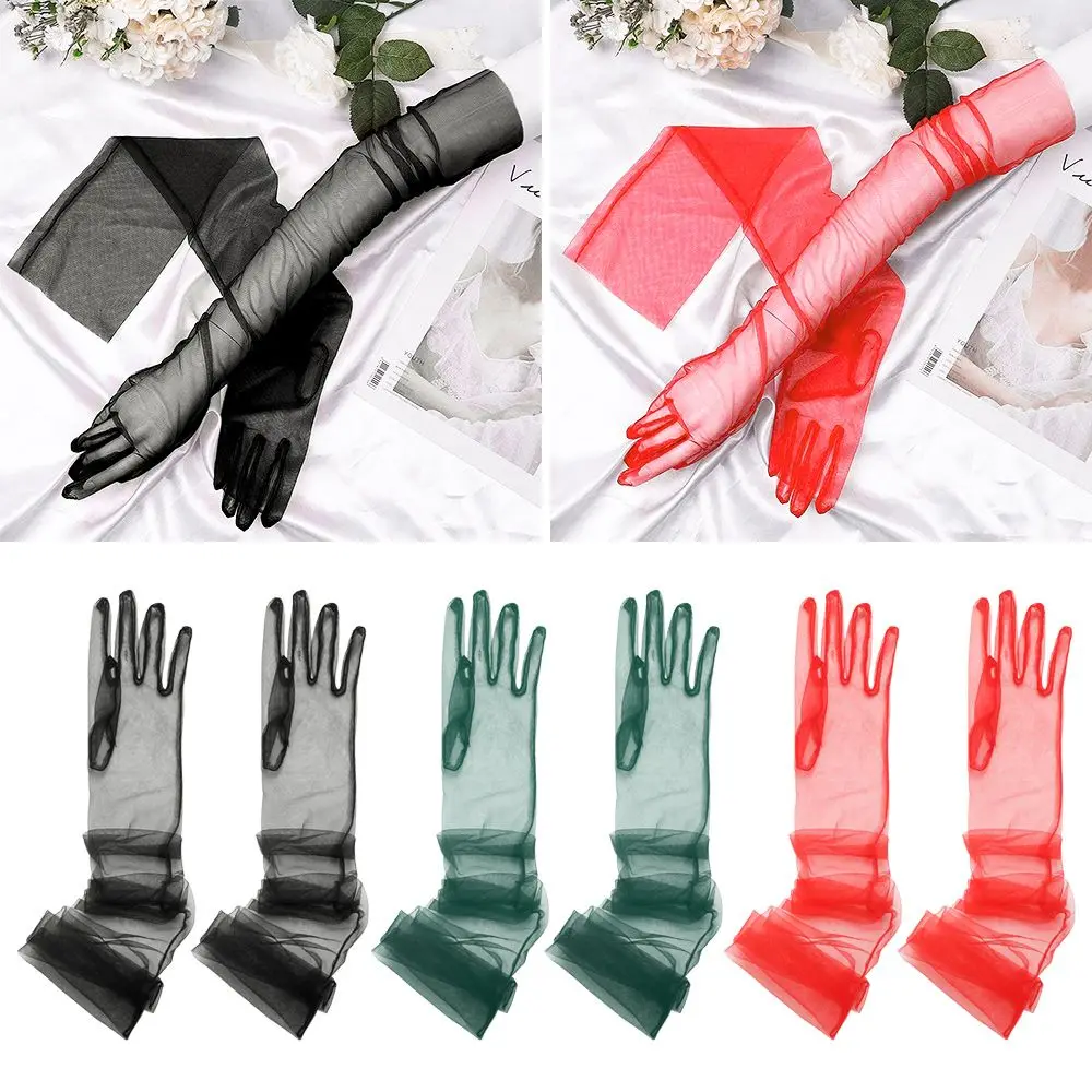 

1 Pair Women Ultra Thin Gloves Tulle Elbow Long Wedding Bride Dress Mittens Sheer Vintage Glove