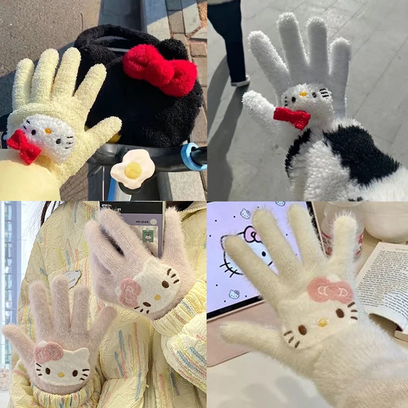 سانريو كورومي بلدي ميلودي مرحبا كيتي قفازات متماسكة أفخم الدافئة قفازات كاملة الأصابع النساء في الهواء الطلق الدراجات التزلج القفازات الطفل هدية #1