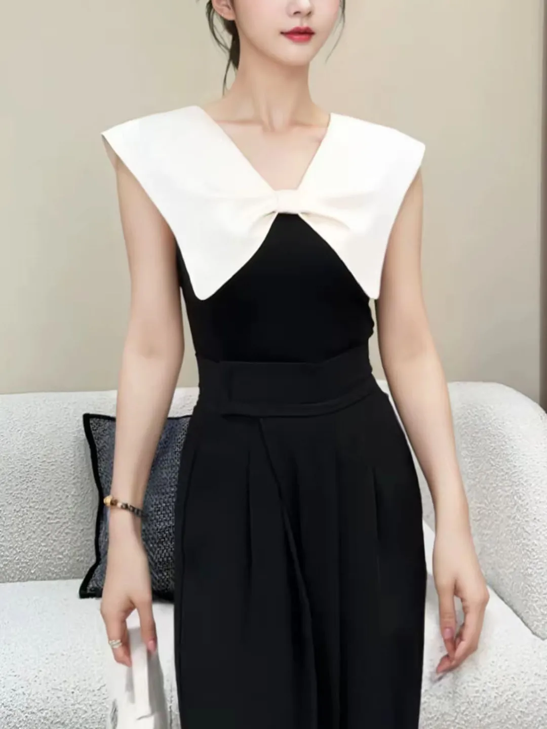 Color Block Collarless  Knot Sleeveless Slim Fit Elegant T Shirt Women's Fashionable Summer New Style Small Shirt