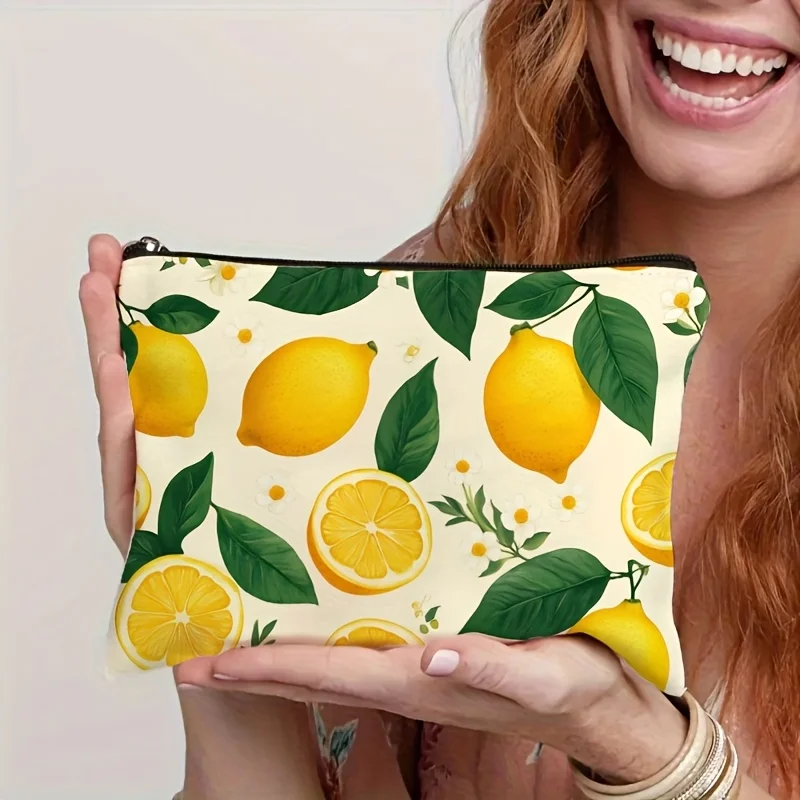 1Pc Fruit-Themed Lemon Green Leaf Retro Design Multifunctional Travel Makeup Bag, Snack Storage Bag, Stationery Storage Bag, Fashionable Toiletry Bag, Canvas Double-Sided Printed Zipper Pouch