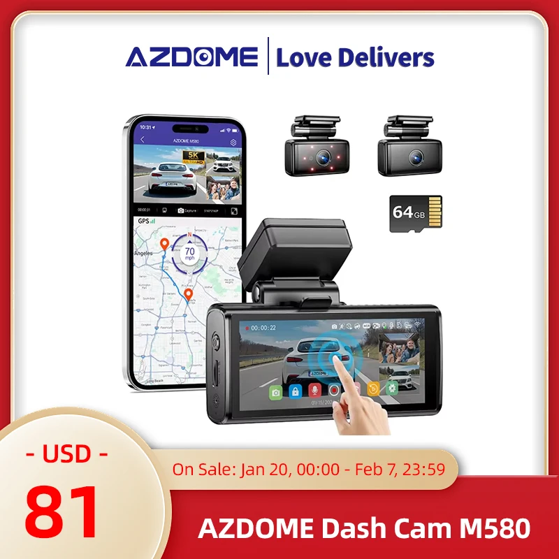 AZDOME 3 Channel Dash Cam M580 Car Camera WiFi GPS 4K+1080P+1080P Front and Rear Inside Dashcam IR Night Vision Driving Recorder