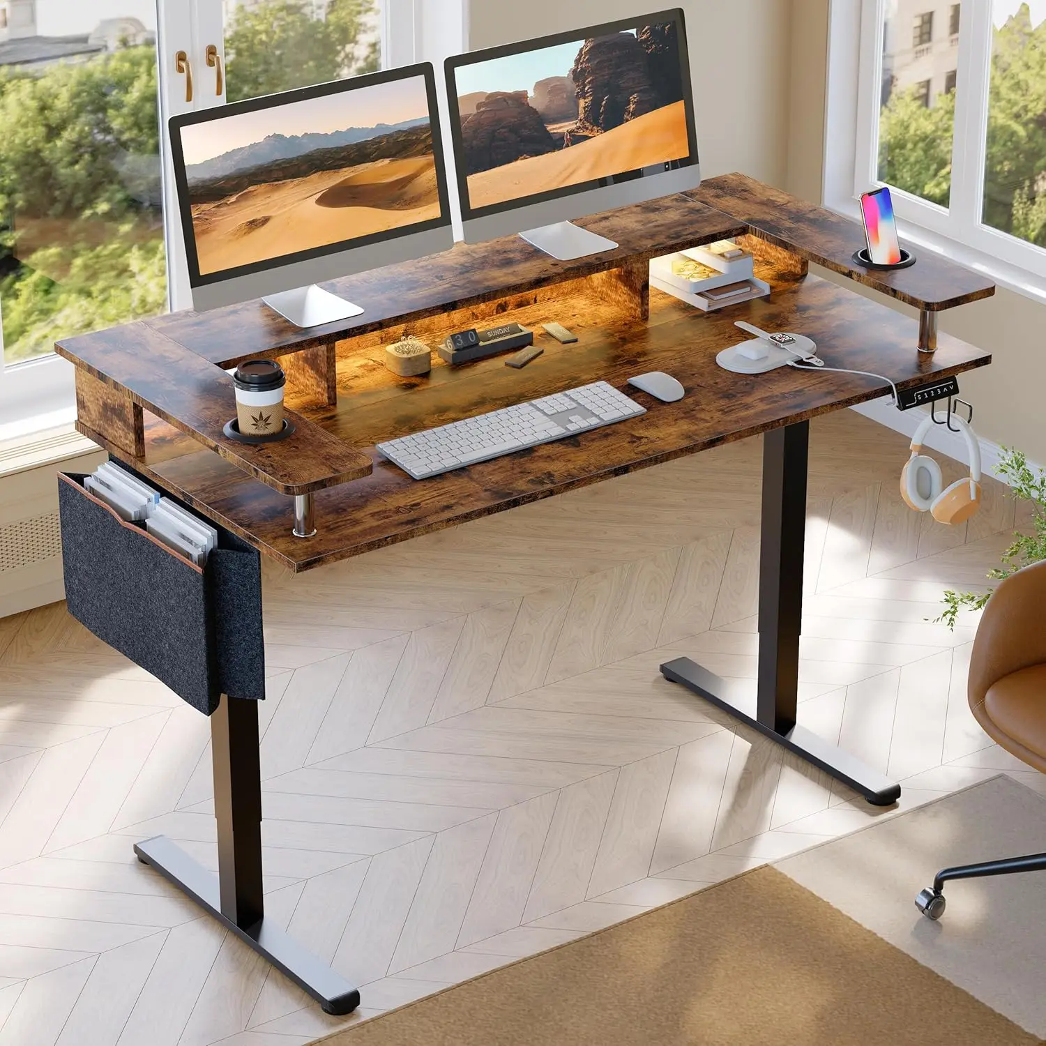 Bureau debout électrique à LED réglable, grand support assis avec support de moniteur, bureau ergonomique pour la maison, recommandé, 58x26 pouces