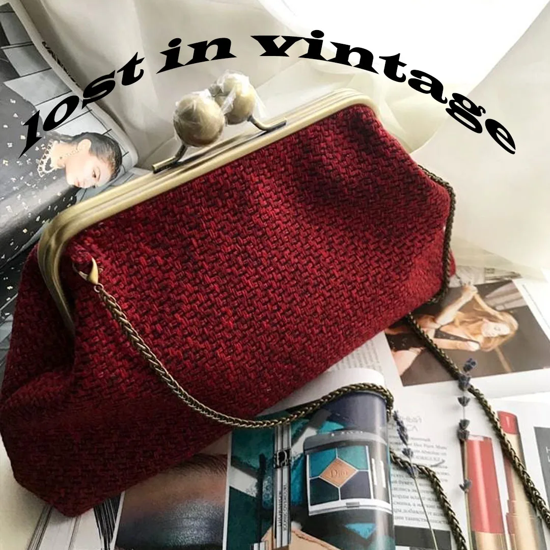 Lost in Vintage Kisslock Clac Clic Bag Plaid Woolen Fabric Frame Clutch Bronze Large Ball Kiss Lock Evening Clutch 38x24x8cm