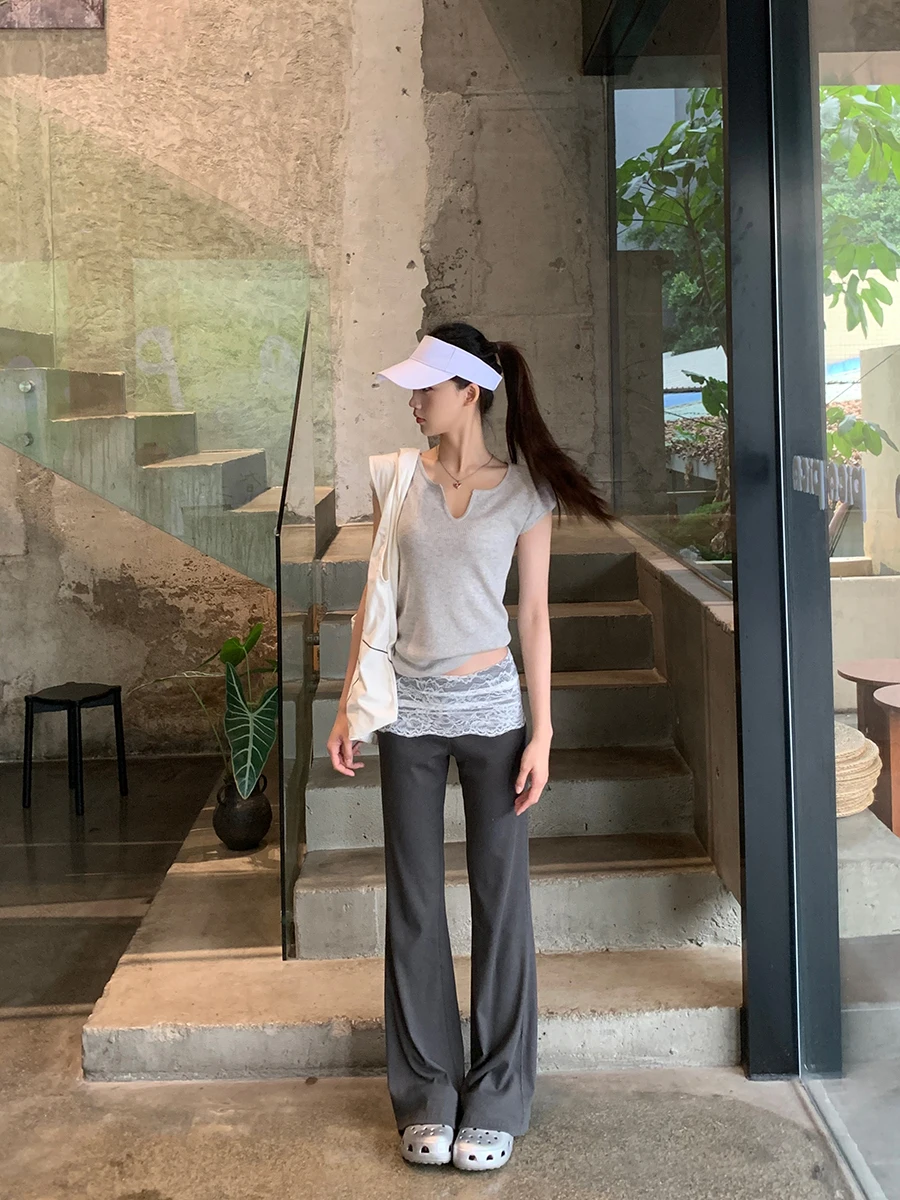 

ey Lace Wide Leg Pants Women's Loose Casual Trousers Bell Bot Low Waist Commute Sle Summer New Arrival G Brand