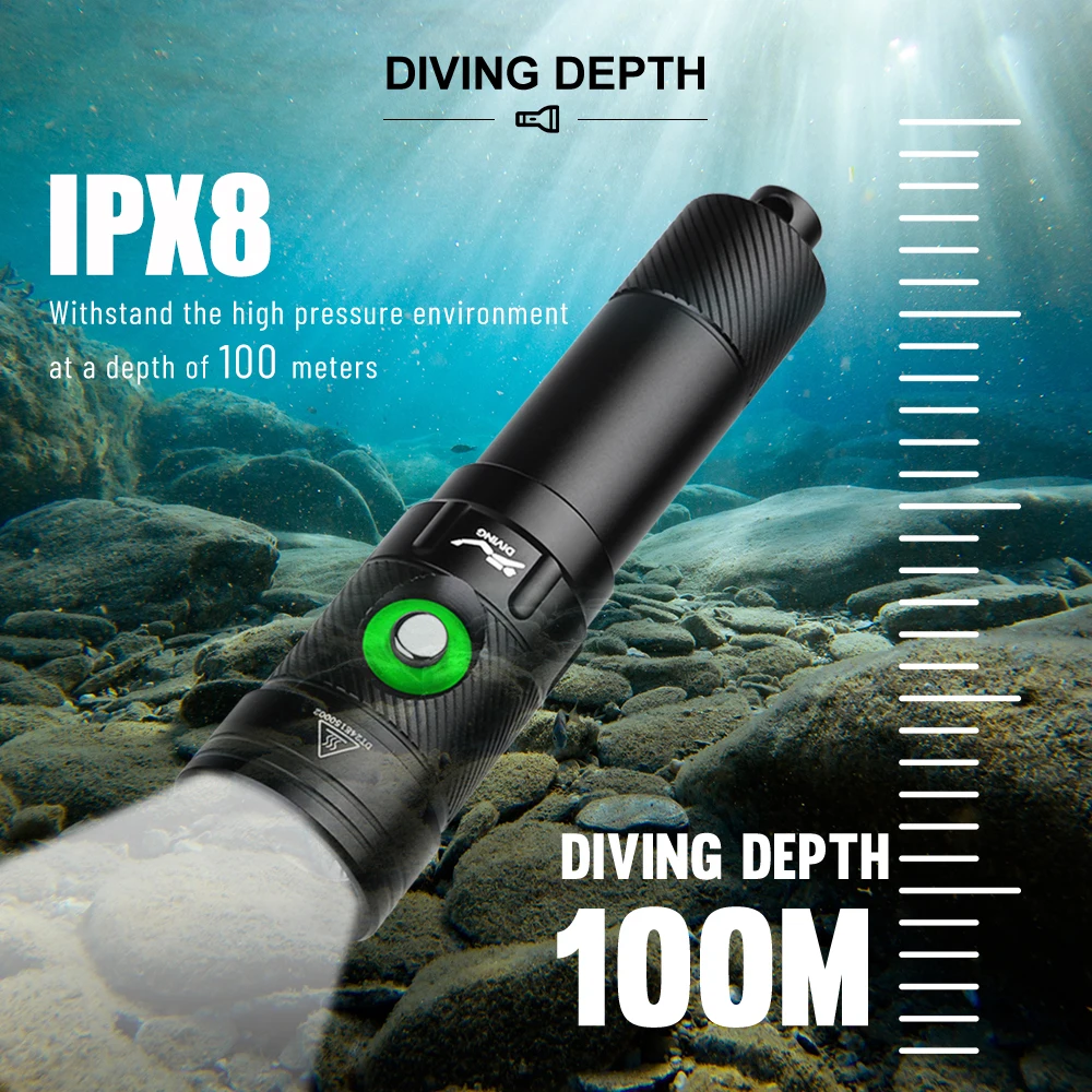 Asafee DT18 LED Professional Diving Light 100M Depth Scuba Dive Flashlight Use 18650 Battery Lamp Portable Ultra Powerful Torch
