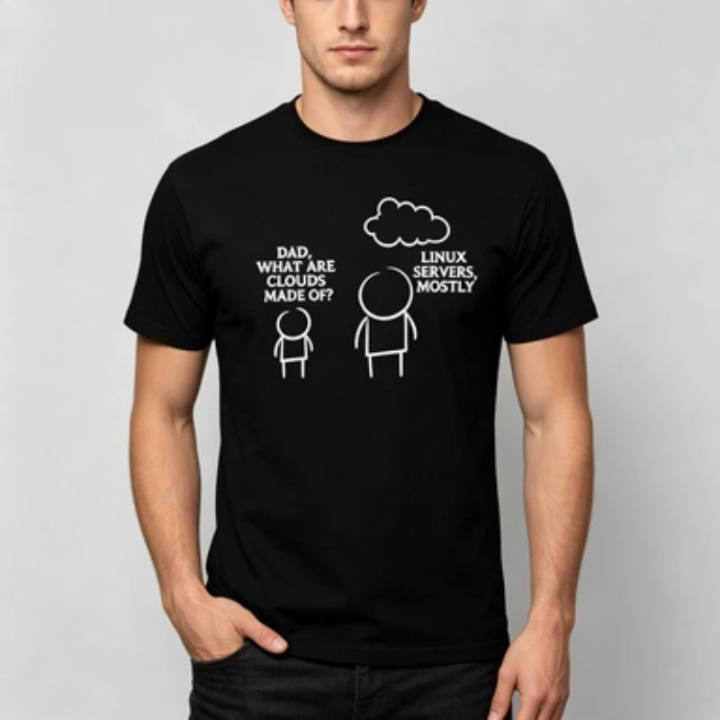 Cotton Men T-Shirt Programmer Dad Cloud Server Funny Dialogue Stick Figure Print O-neck IT Worker Geek Casual Daily Wear Tops