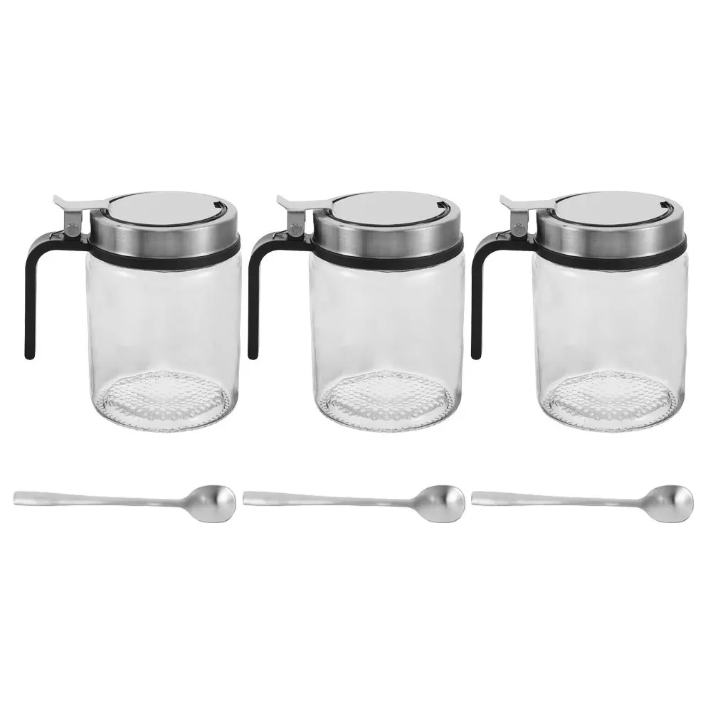 

3Sets Stainless Steel Condiment Pots Springloaded Lid Glass Seasoning Jar Set Kitchen Spice Dispenser for Home Restaurant Use