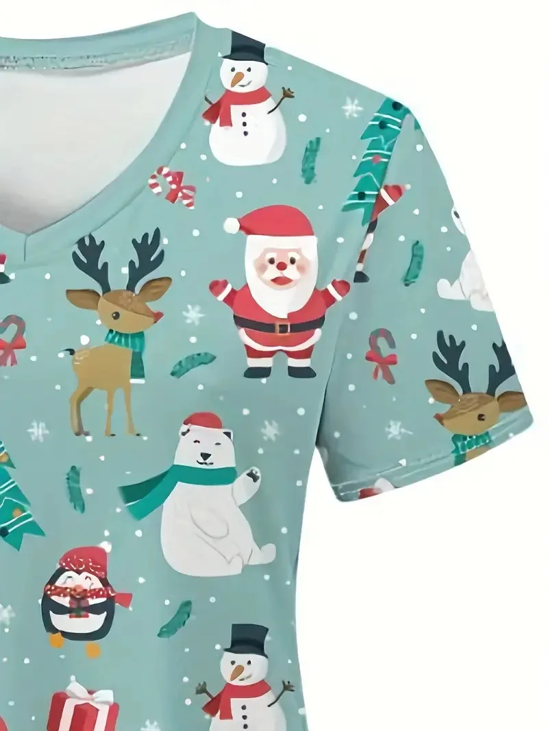 Ladies\' versatile V-neck short sleeved T-shirt protective suit Christmas series Santa Claus reindeer 3D printed nurse uniform