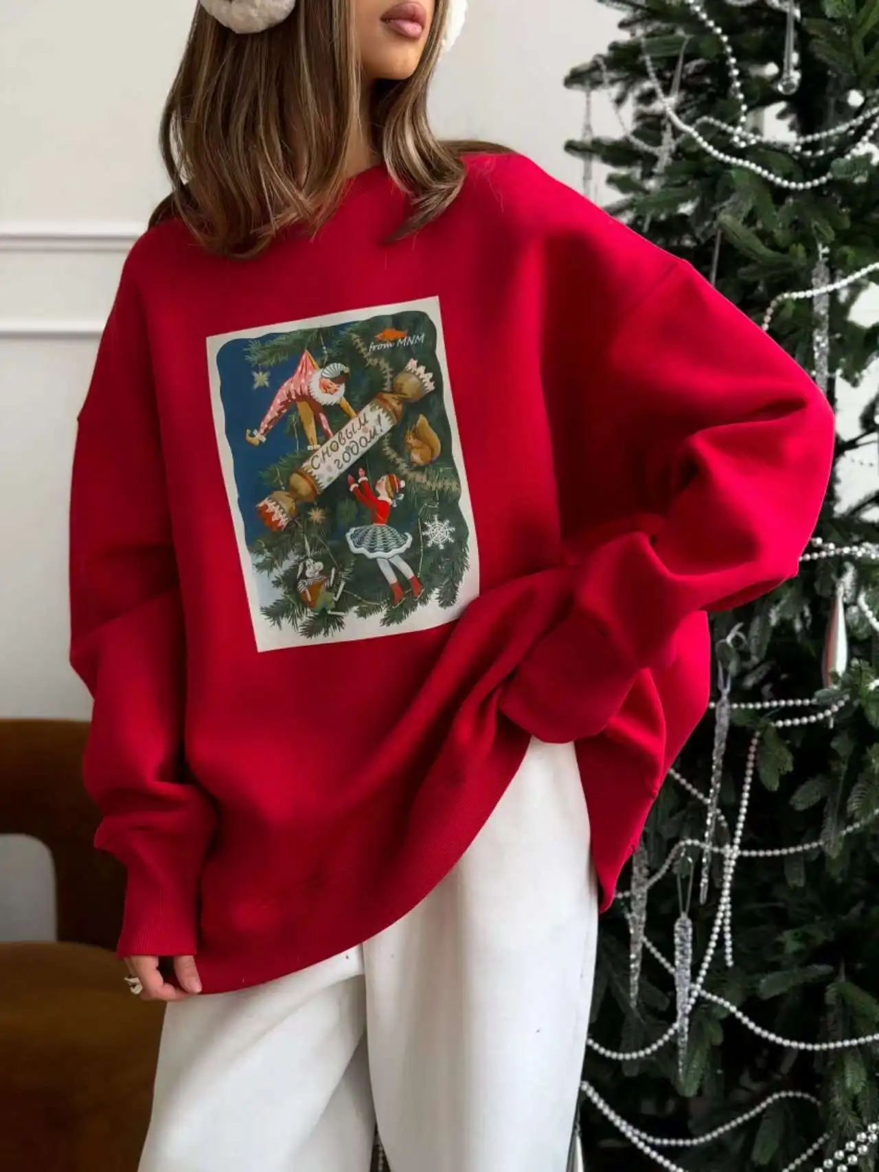 New Year Christmas Candy Print Printed Casual Sweatshirt Women Long Sleeve Round Neck Loose Hoodies Female Hip Hop Spring 2026