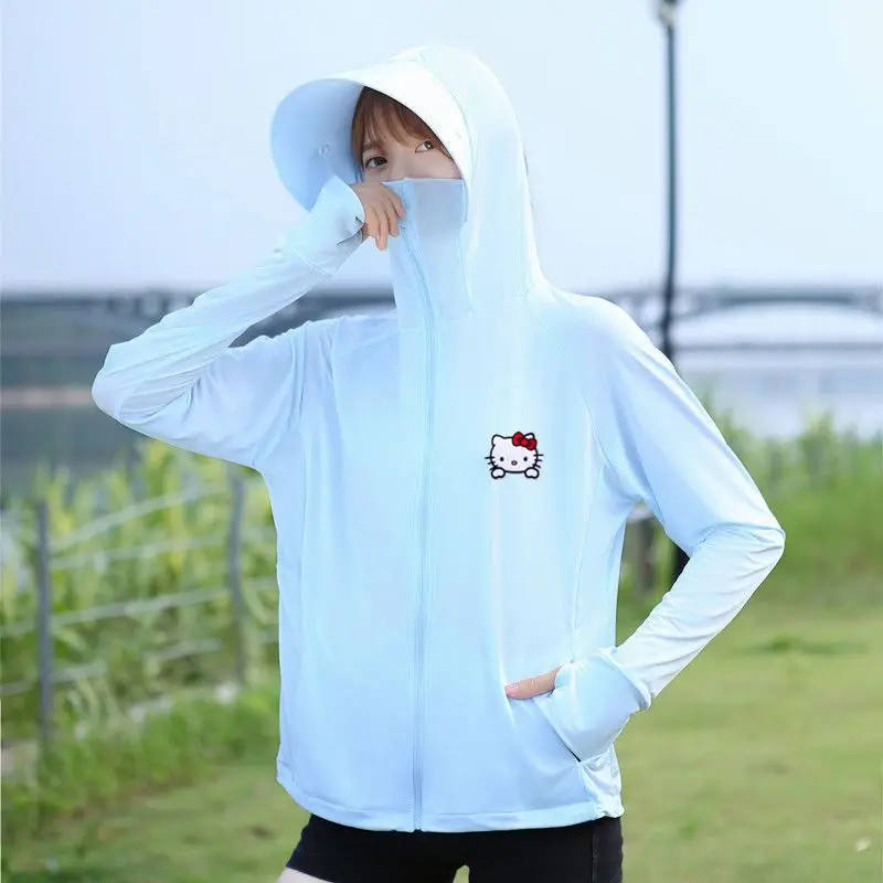 

Sanrio Hello Kitty Sunscreen Clothing Ice Silk Protection Coat Breathable Sunscreen Coat Removable Brim Girl Summer Upf50+ Tops