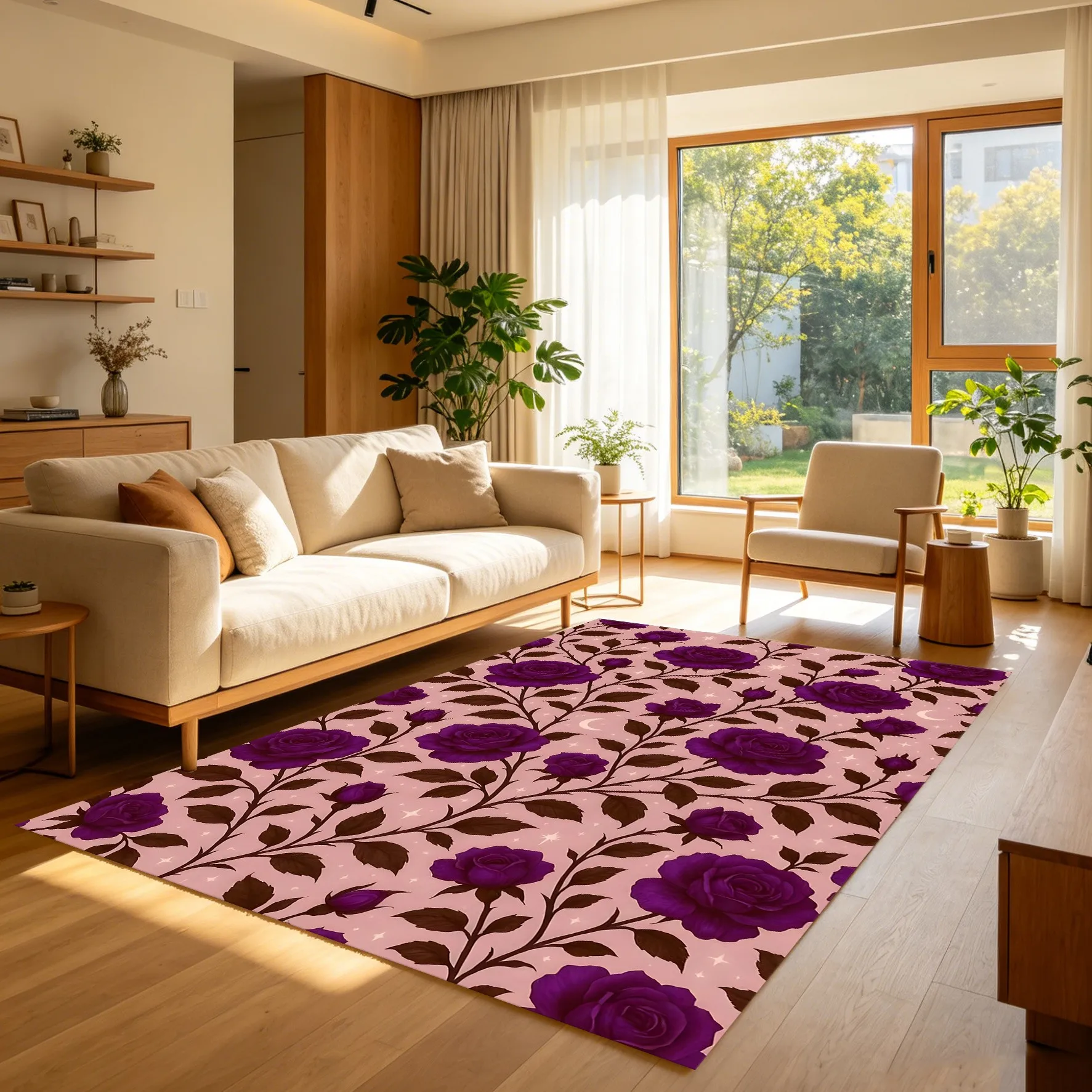 Deep Purple Rose Branch Print Luxurious Velvet Rug for Valentine Bedroom Bedside Living Room Romantic Elegant Decor