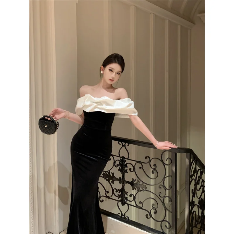 Real Shot Velvet Off-Shoulder Slimming Long Dress with Chest Pads