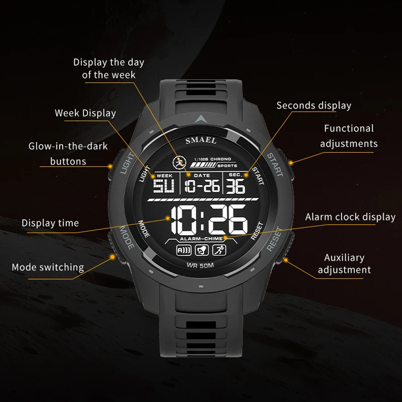 SMAEL Fashion Sports Watches Men Multi-functional Alarm Silicone Clock Chrono Blue Light Display Digital Young Mens Wristwatch