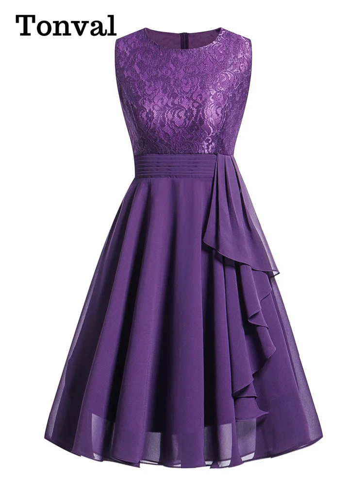 Tonval Lace and Chiffon Elegant Peplum High Waist Purple Swing Dresses for Women Sleeveless Party Robe Female A Line Dress