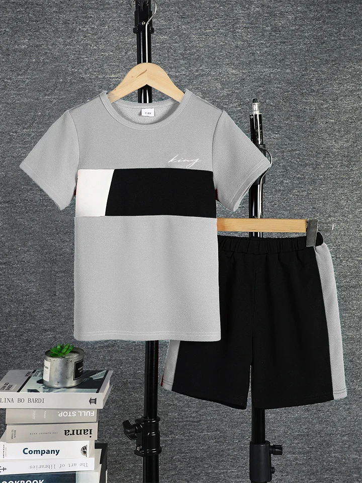 2-teiliges Set für Jungen, lässiges Outfit, Farbblock-Kurzarm-T-Shirt und Shorts, bequeme Sommer-Kinderkleidung, 8 Farben für Alter 7–15 Jahre – Detail 26