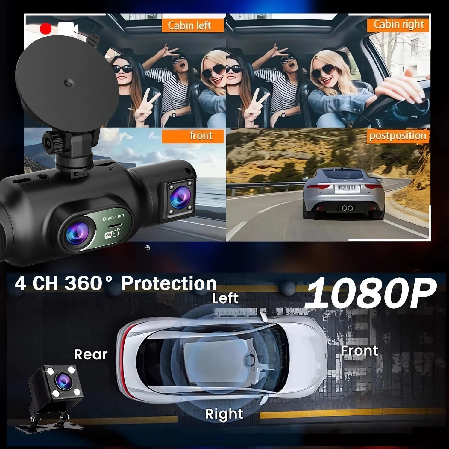 Car Dash Cam 4 Channel Black Box Driving Camera FHD 1080P Front Left Right Rear Night Vision Loop Recording 24H Parking Monitor