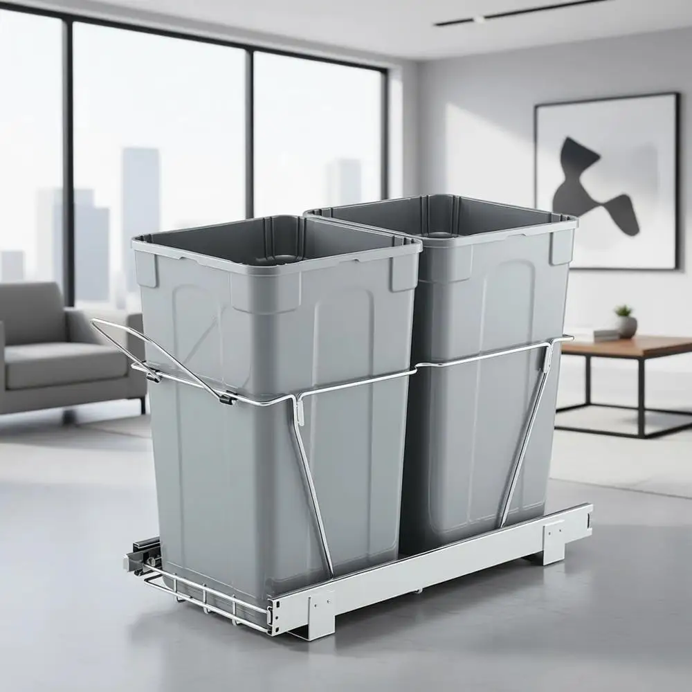 

Double Sink Under-Mount Waste Bin with Sliding Metal Extension and Grey Handle