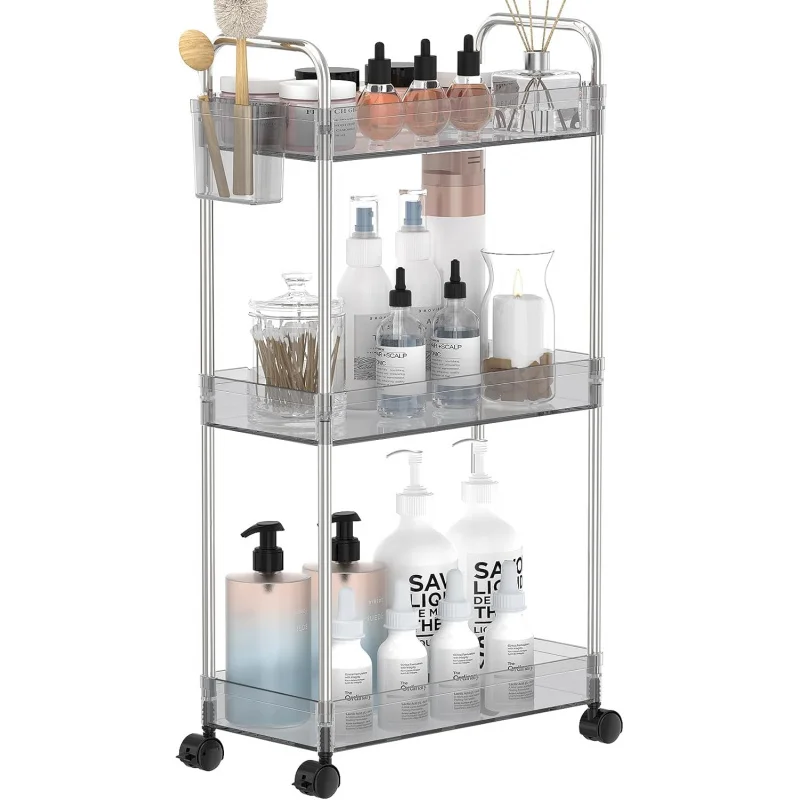 Storage Rolling Cart 3 Tier Acrylic Bathroom Cart Organizer, Mobile Shelving Unit Laundry Room Organization Multifunction Utilit