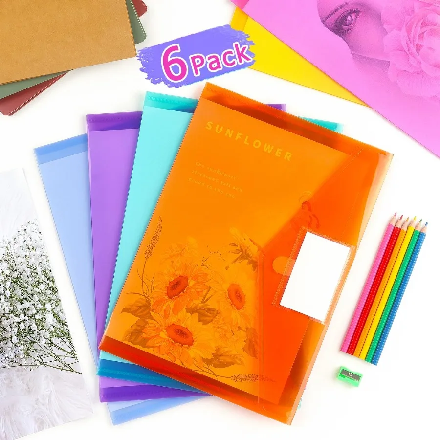 6 Pack Plastic Envelopes Poly Envelope Folder Clear Document Plastic File Folde Organization with Hook and Loop Closure Letter