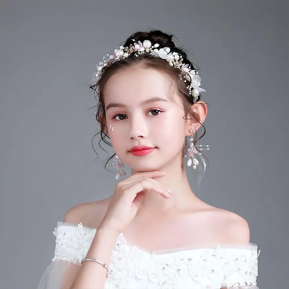 Exquisite Girls Headband Ribbon Lace-up Headpieces Headband Garland Flower Leaves Faux Pearls Decor Kids Princess Crown