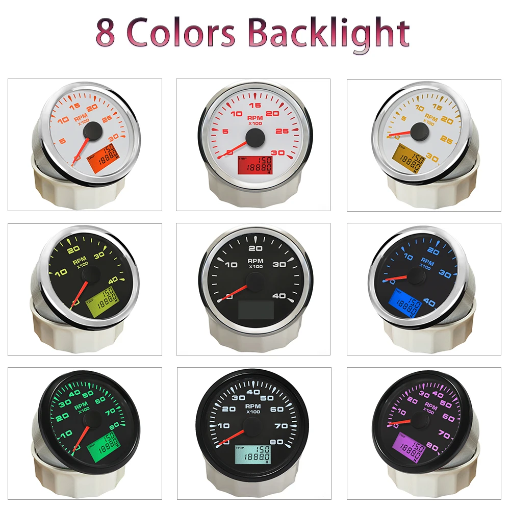 

Universal Waterproof 85mm 0-3000RPM 4000 6000 8000RPM Tachometer Gauge with 8 Colors Backlight for Car Truck Boat Yacht 12V 24V