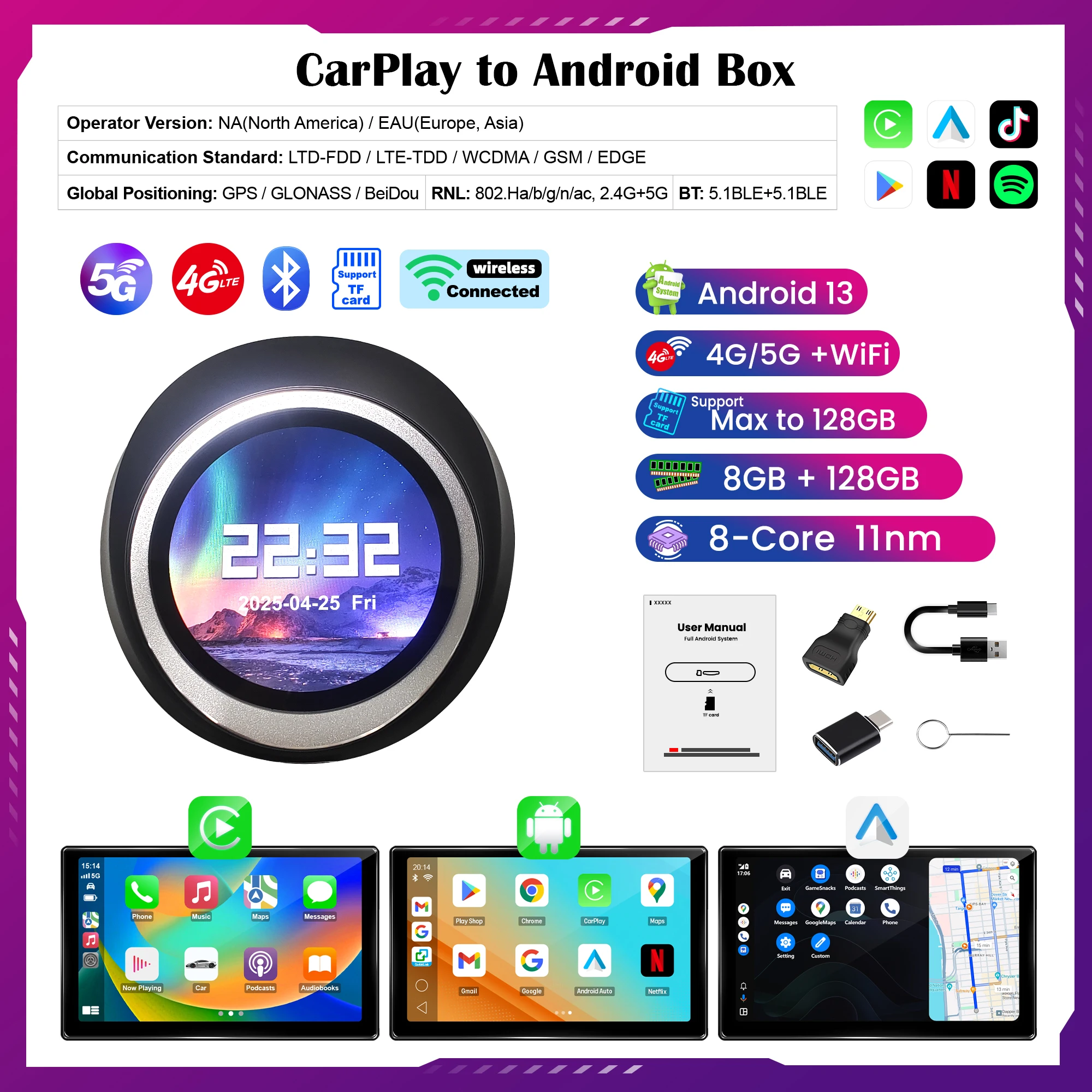 4G Android 14.0 Touch Screen 8G 128GB Wired Carplay Ai Box Youtube Netflix 3 In 1 Dongle Wireless Streaming Adapter Wifi Gps