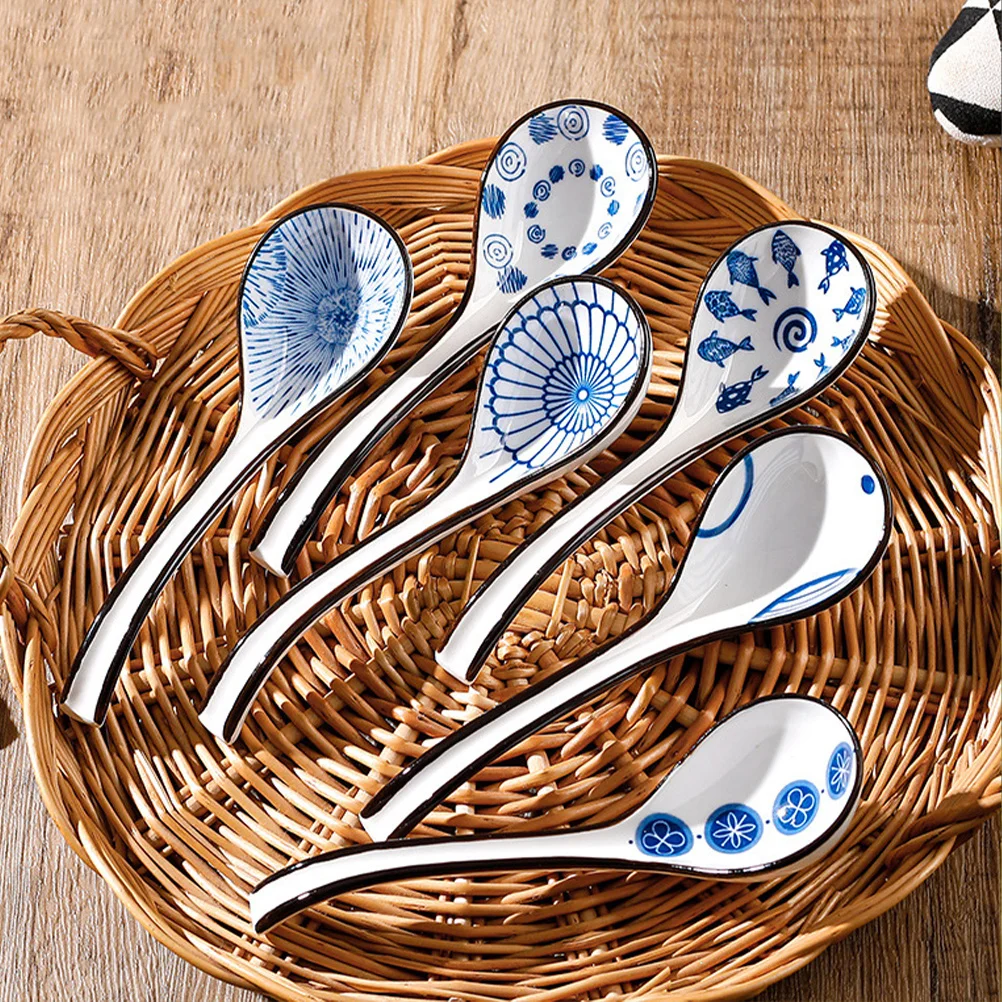

6Pcs Blue and White Ceramic Soup Spoons Chinese Style Large Capacity Rice Paddle Serving Spoon for Ramen Noodle Soup Dinner