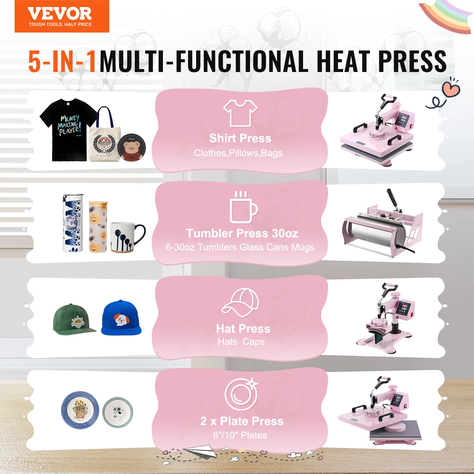 VEVOR Heat Press Machine,15 x 15 inch 5 in 1 Heat Transfer Machine  Digital Precise Control, for T-Shirts/Mugs/Hats/Plates