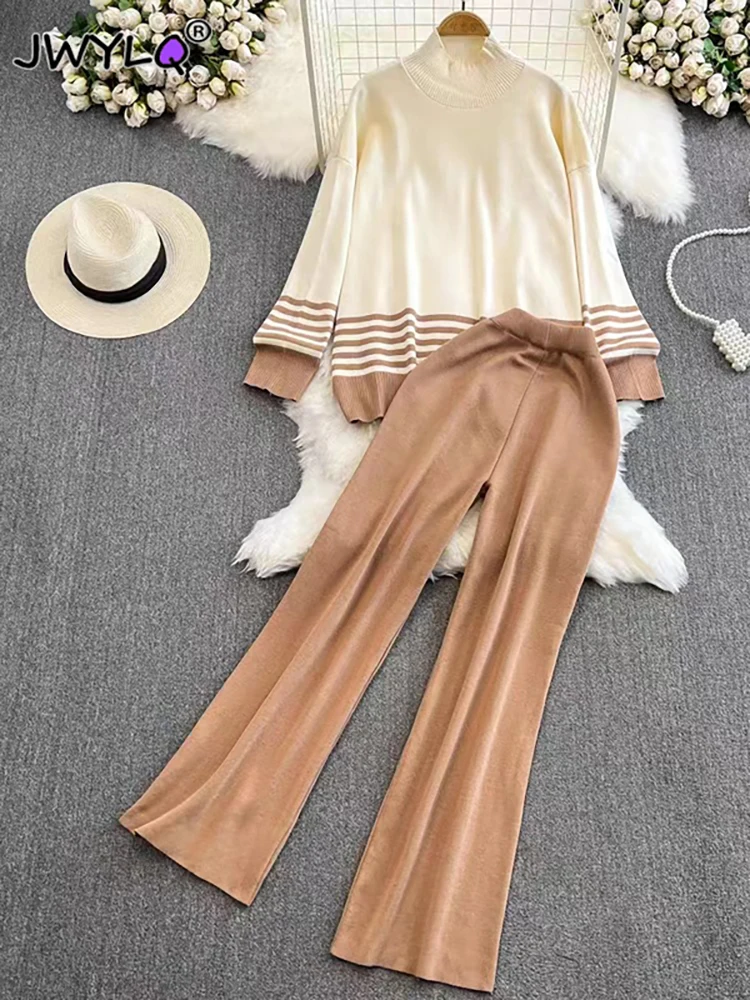 

2023 Korean Fashion Half High Collar Stripe Stitching Pullover Sweater+high Waist Straight Wide Legs Knitted Two Piece Set Women