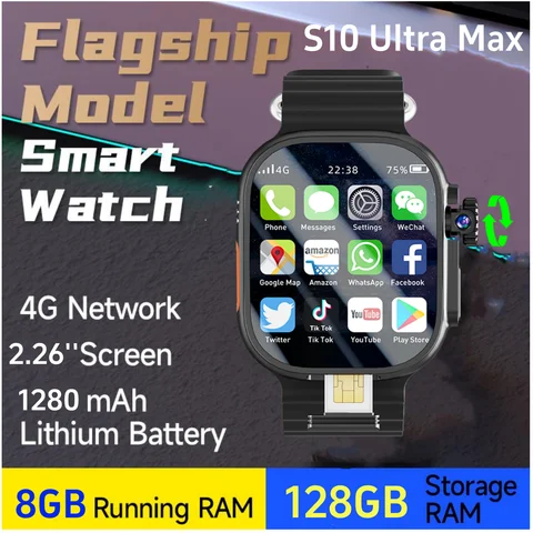 8GB+128GB S10 Ultra Max Smartwatch 5G 안드로이드 스마트 시계, 2.26인치 Amoled 스크린 800W 회전식 카메라 Simcard 슬롯 영상 통화