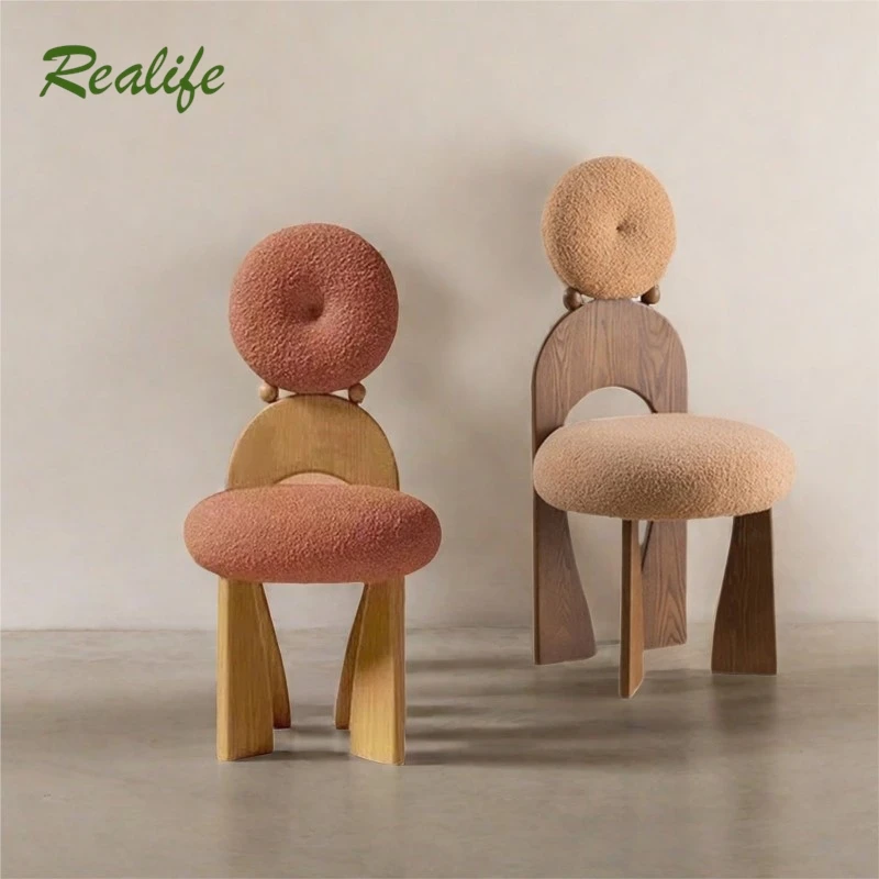 

Realife High Backrest Retro Solid Wood Cashmere Earrings Dining Chair Bedroom Makeup Stool Internet Famous Dressing Table Chair