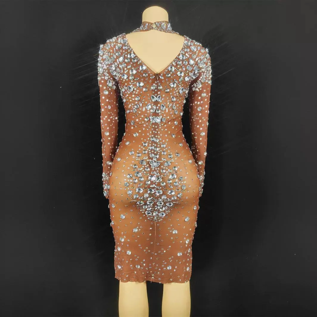 

Party Dress Bright Diamond Perspective Waist Tight Long Sleeve Short Skirt Dress Stage Performance Dress
