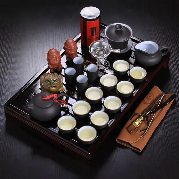 Chinese kung fu tea set porcelain tray purple grit ceramic teapot for the tea cups with saucers solid wood the tea pot 26pcs