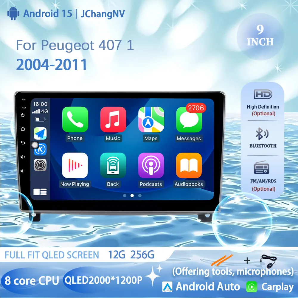 

9" Android Auto For Peugeot 407 1 2004-2011 Car Radio Video Multimedia Player Navigation GPS Carplay Stereo 4G Wifi