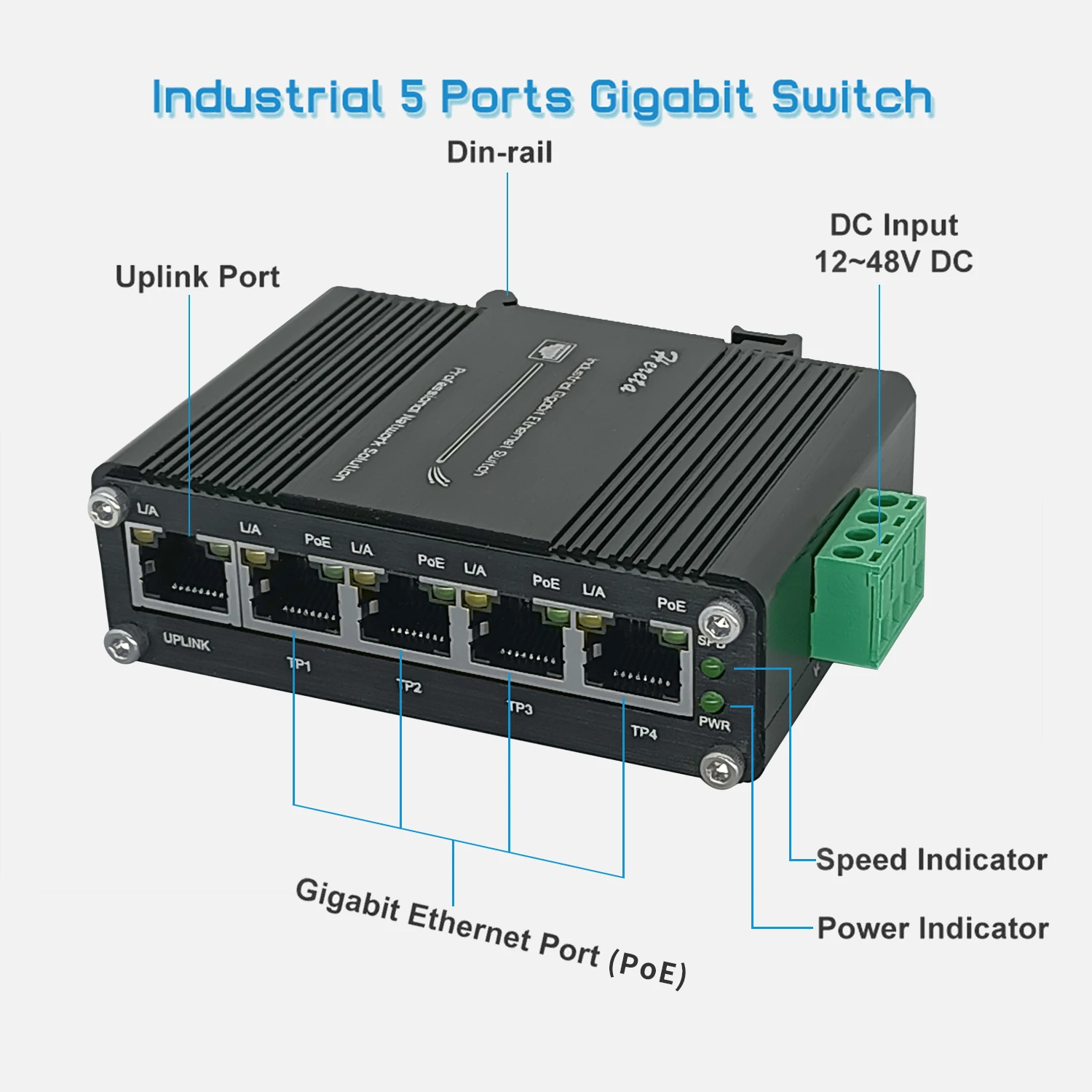 Industrial Gigabit Ethernet 5 Port (PoE) Switch Mini DIN-Rail 10/100/1000Mbps 12~48VDC Input Network Switch Aluminum Case IP40