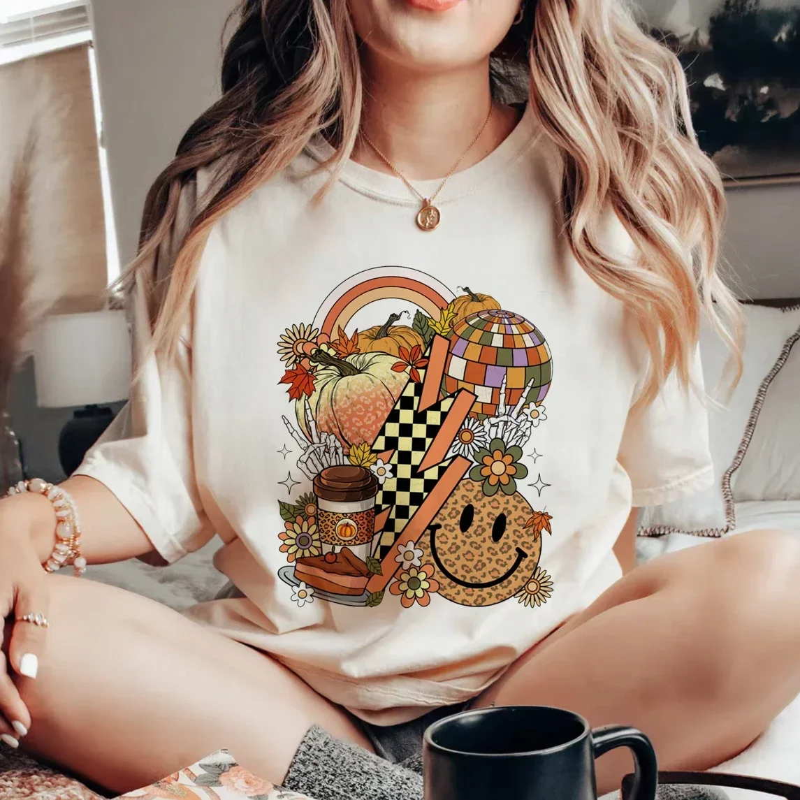 Women\'s Thanksgiving T-shirt Printed Halloween Cute Autumn Letter Pattern O-Neck Cute Versatile New Halloween T-shirt Clothing.