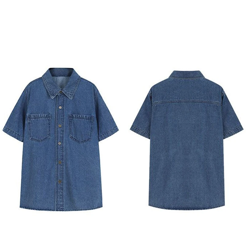 Rimocy Ol Office Denim Shirt for Women Summer 2023 Turn Down Collar Short Sleeve Blouse Woman Fashion Button Up Jean Jacket