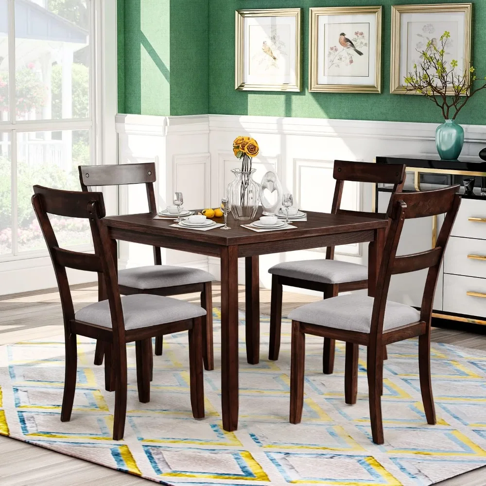 5 Piece Set Industrial Wooden Table and 4 Chairs, with High-Density Foam Burlap Upholstered Cushions for Dining, Living Room