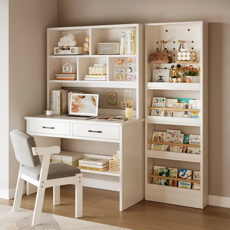 Solid Wood Computer Desk Bookshelf Bookcase Wall Mounted Study Table for Student Bedroom Home Writing Desktop
